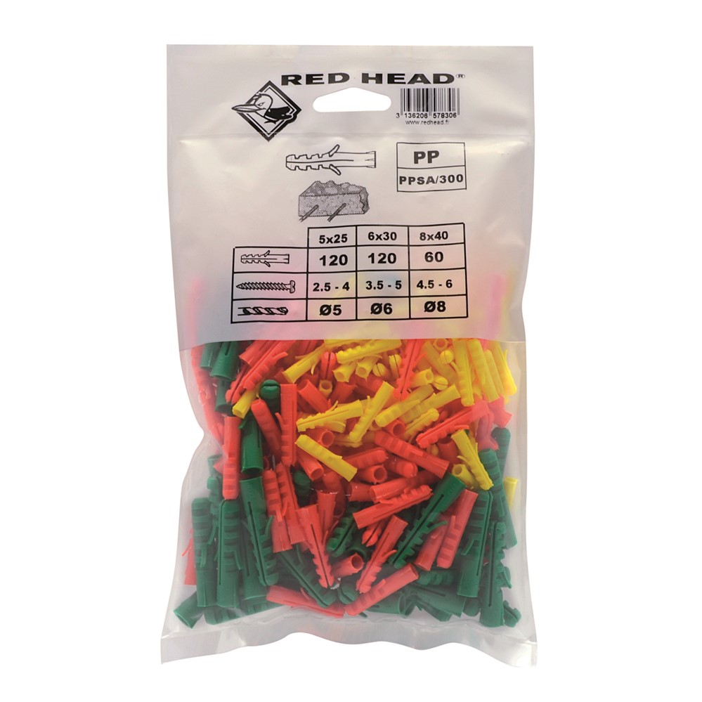 Sachet de cheville PP Ø5x25 + Ø6x30 + Ø8x40mm RED HEAD 